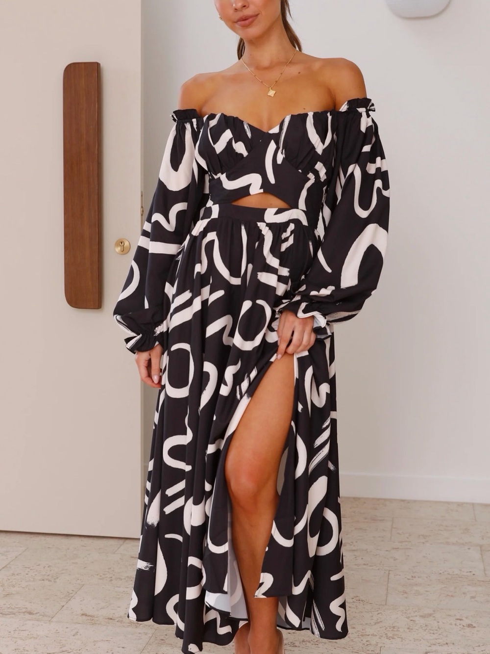 Off-Shoulder Black & White Patterned Maxi Dress with Side Slit - Picture 4 of 13